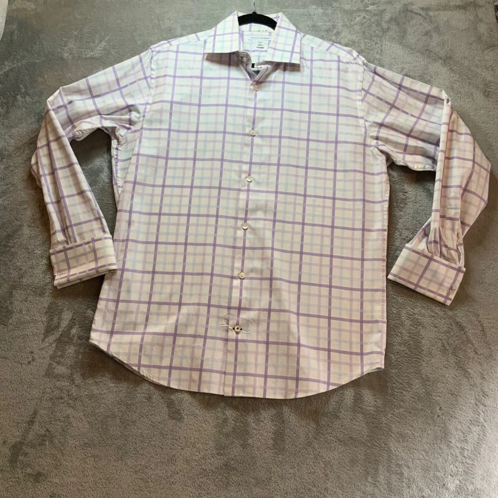 Banana Republic Mens Purple White Plaid Long Sleeve Dress Shirt Large 16-16.5